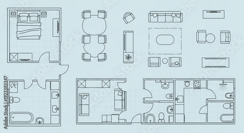 Architectural Floor Plans of Rooms and Furniture Layouts.