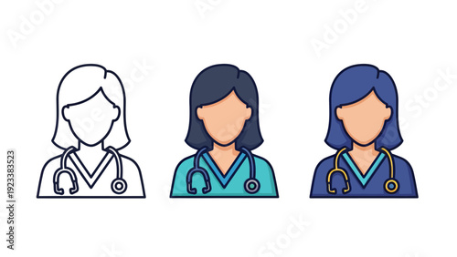 Three diverse female doctors in medical scrubs shown in professional portraits.