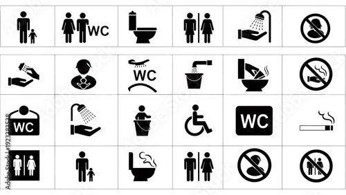 Collection of restroom and accessibility signs in monochrome silhouettes and pictograms.