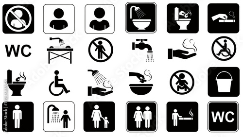 Collection of accessibility and restroom icons for public facilities and signage.