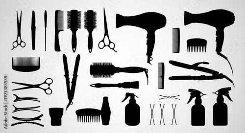 Collection of hairdressing tools and accessories in silhouette.