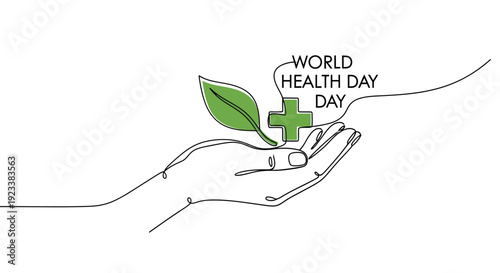 World Health Day Illustration with Continuous Line Art Hand Holding Leaves