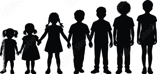 Children silhouettes collection showing boys and girls holding hands in different ages isolated on white background vector illustration