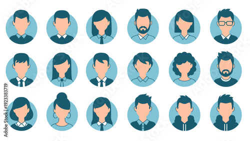 Collection of diverse circular avatar portraits featuring multiple illustrated characters.
