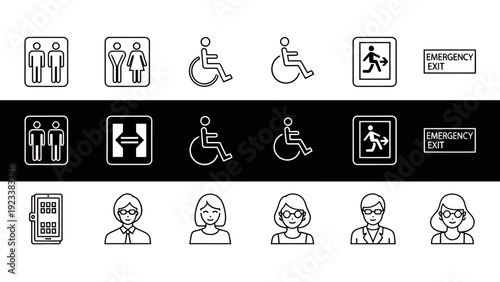 Collection of accessibility and people icons in vector style for signs and signage designs.