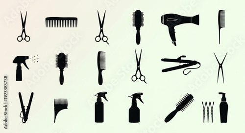 Collection of professional hairdressing tools and accessories silhouette.