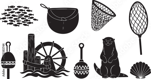 Black and white of fishing and maritime with an otter