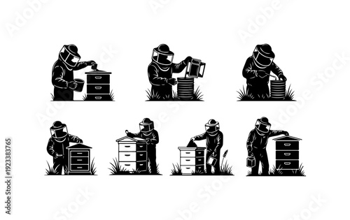 Beekeeper Working with Beehives Vector Illustration