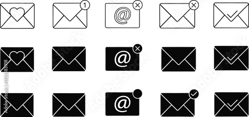 Professional Email Communication Vector Icon Set Featuring Envelopes with Heart Symbols, Notification Alerts, User Mentions, and Verification Marks for Digital App Interface Design