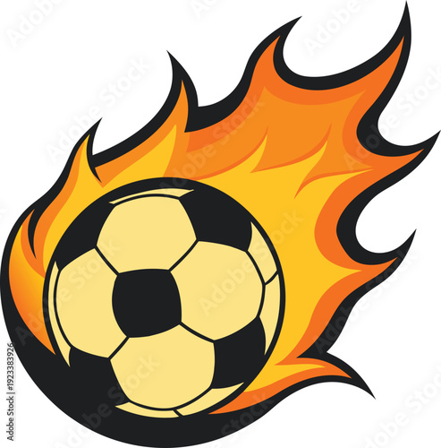 A dynamic stylized of a classic black and yellow soccer ball with fiery orange flames vector illustration EPS PNG file