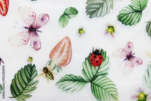Leaves and bugs pattern cotton fabric background