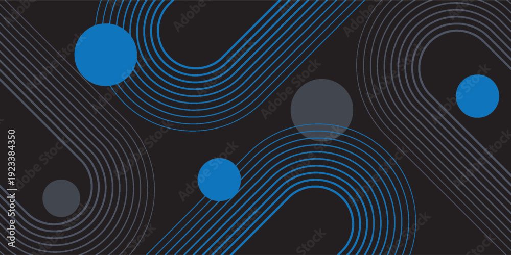 custom made wallpaper toronto digitalAbstract background with flowing blue and grey curved lines and scattered circles on a dark backdrop, creating a modern geometric design.