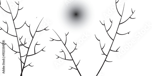 Minimalist black and white illustration of bare tree branches with a blurred dark circle in the sky, evoking a stark winter scene.