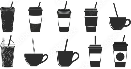 Set of Coffee Cup Vector Silhouettes, Including Cups with Straws in Multiple Styles, Ideal for Café Branding, Beverage Packaging, and Digital Illustrations.