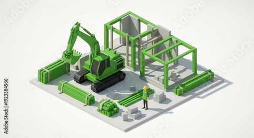 3D Rendering of Excavator Construction Site.