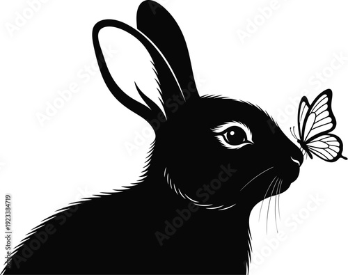 Black rabbit with butterfly on nose illustration