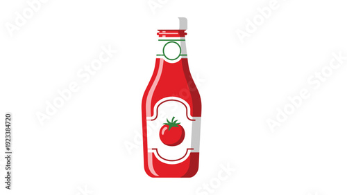 Illustration of a red tomato ketchup bottle featuring a white label with a fresh tomato icon isolated on a white background.