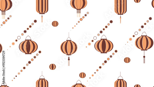 Seamless pattern of traditional Asian paper lanterns with brown and orange stripes in various shapes on a white background.