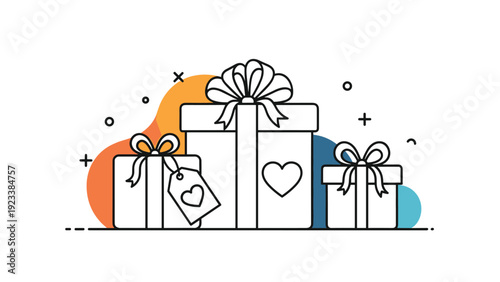 Minimalist line art illustration of three gift boxes with ribbons and hearts set against abstract colored background shapes.