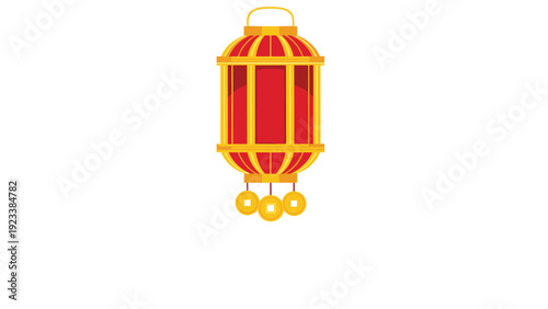Traditional red and gold Chinese lantern featuring vertical stripes and gold coin decorations hanging at the bottom.