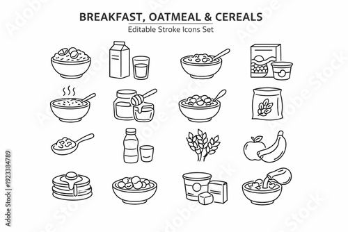 Breakfast, oatmeal and cereals editable stroke outline icons set isolated on transparent background flat vector illustration.
