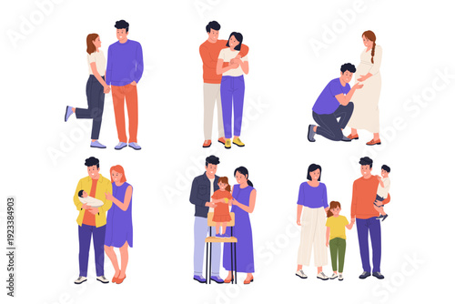 Happy Family Life and Multi Generational Relationship Illustration Set. A collection of family themed illustrations featuring a young romantic couple, a pregnant woman with her husband