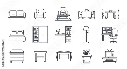 Collection of hand drawn furniture icons for interior design.