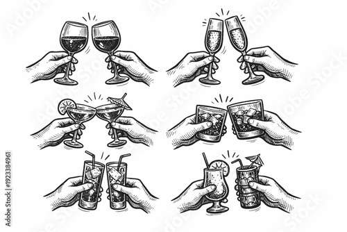 Set of hand drawn chalk cheers. Vector linear Hands with wine, beer, champagne glass, cocktails drawings for wedding invitations menus and parties. Doodle art template