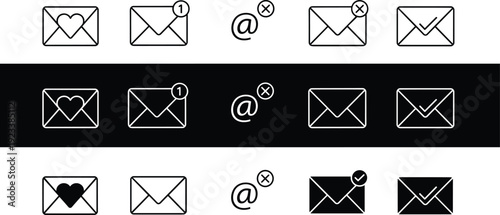 Professional Email Communication Vector Icon Set Featuring Envelopes with Heart Symbols, Notification Alerts, User Mentions, and Verification Marks for Digital App Interfaces