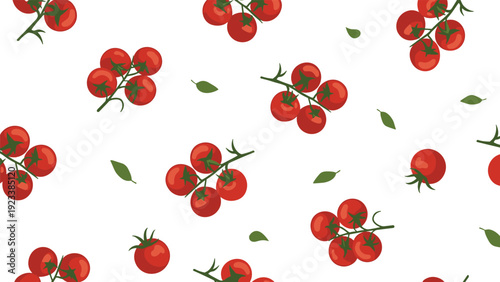 Seamless pattern of red cherry tomatoes on green stems with occasional loose green leaves scattered on a white background.