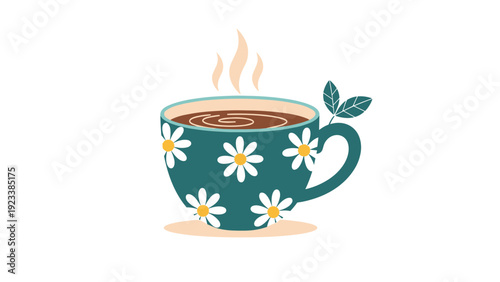Illustration of a dark teal coffee cup decorated with white daisies and filled with steaming hot beverage.