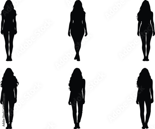 Six silhouettes of people walking in different styles and hair lengths
