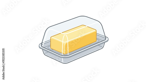 Illustration of a yellow stick of butter sitting inside a clear plastic butter dish with a lid on a white background.