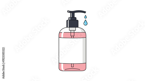 Simple illustration of a pump bottle filled with pink liquid likely soap or lotion with water droplets falling from the nozzle.