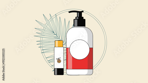 Still life illustration of a soap dispenser and a lip balm tube against a circular background with palm leaves.