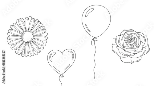 Collection of line art drawings featuring a daisy flower a heart balloon a round balloon and a single rose flower.