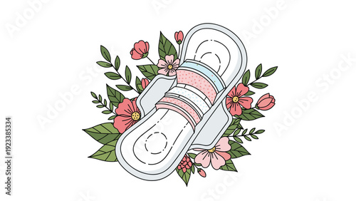 Detailed illustration of a feminine hygiene pad surrounded by pink flowers and green leaves on a clean white background.