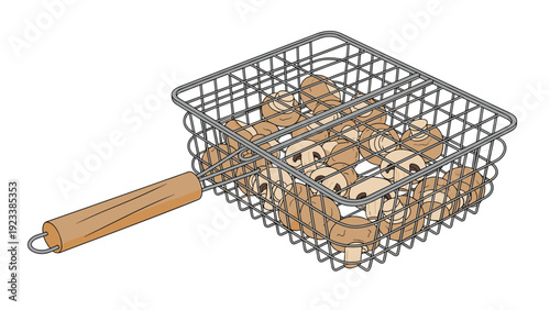 Illustration of a metal grilling basket filled with numerous whole and sliced mushrooms prepared for cooking.