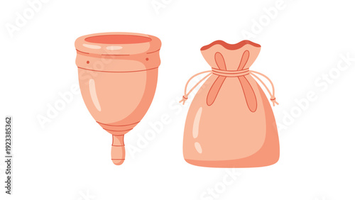Menstrual cup and pink fabric storage bag are shown as sustainable feminine hygiene alternatives for period care on a clean white background.