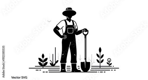 Farmer with Shovel Working in Field, Agriculture Vector Illustration