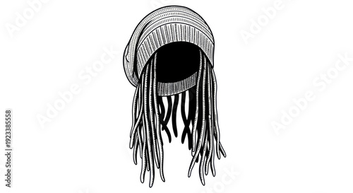 Hand-drawn illustration of a beanie with dreadlocks, isolated on white