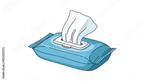 Pack of blue wet wipes is illustrated with one sheet being pulled out, highlighting hygiene, cleanliness, and convenient sanitizing for daily use.