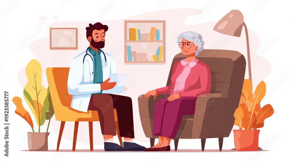 Fototapeta premium A man and a woman are sitting in a living room. The man is a doctor and the woman is an elderly patient. The doctor is explaining something to the patient. Scene is serious and informative