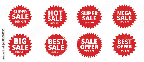 Set of Discount and Sale Labels, Flat Style Red Stickers Featuring Sale and Discount Text, Starburst Stickers, Price Tags, and Promo Icon Collection for Marketing.