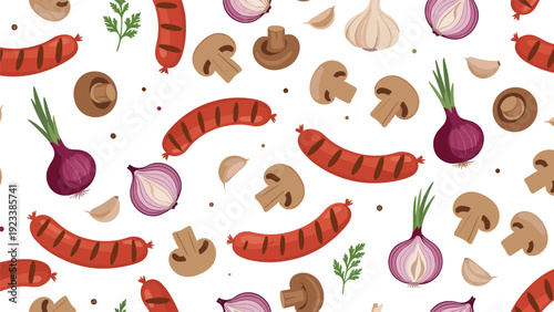 Seamless food pattern includes grilled sausages, sliced mushrooms, red onions, garlic cloves, and fresh parsley sprigs on a clean white background.