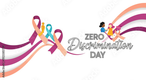Illustration of a Zero Discrimination Day awareness campaign with colorful ribbons and diverse people icons on a white background, promoting unity and social justice.