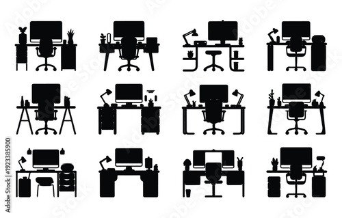 Cuadro en lienzo Workplace desktop monitor and chair office furniture flat vector icon silhouette
