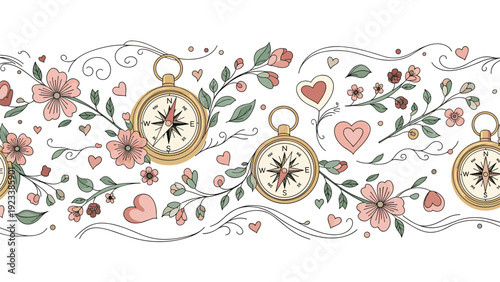Decorative horizontal border is composed of vintage compasses, delicate pink flowers, heart shapes, and elegant swirls on a white background.