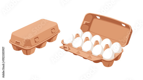 Two cardboard egg cartons are shown, one closed and one open revealing ten fresh white eggs, representing food packaging and kitchen staples.