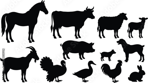 Farm animal silhouettes collection featuring horse, cow, sheep, goat, pig, dog, poultry and rabbit isolated on white background